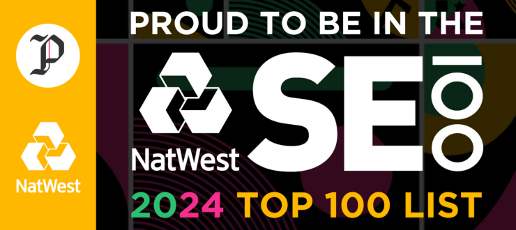 A logo from the SE100 organisers with the words 'Proud to be in the NatWest SE100 list'