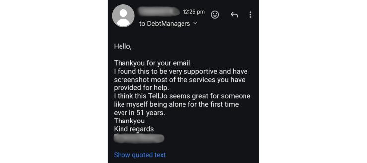 Feedback from a DebtManagers customer on TellJO digital wellbeing checks